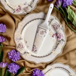 Gold Roses 8 Pcs Snack Set (1 Serving Plate, 6 Quarter Plates, 1 Server)