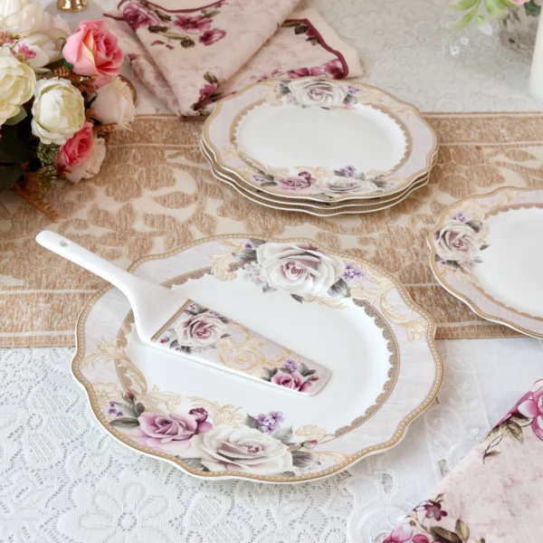 Gold Roses 8 Pcs Snack Set (1 Serving Plate, 6 Quarter Plates, 1 Server) - Image 2